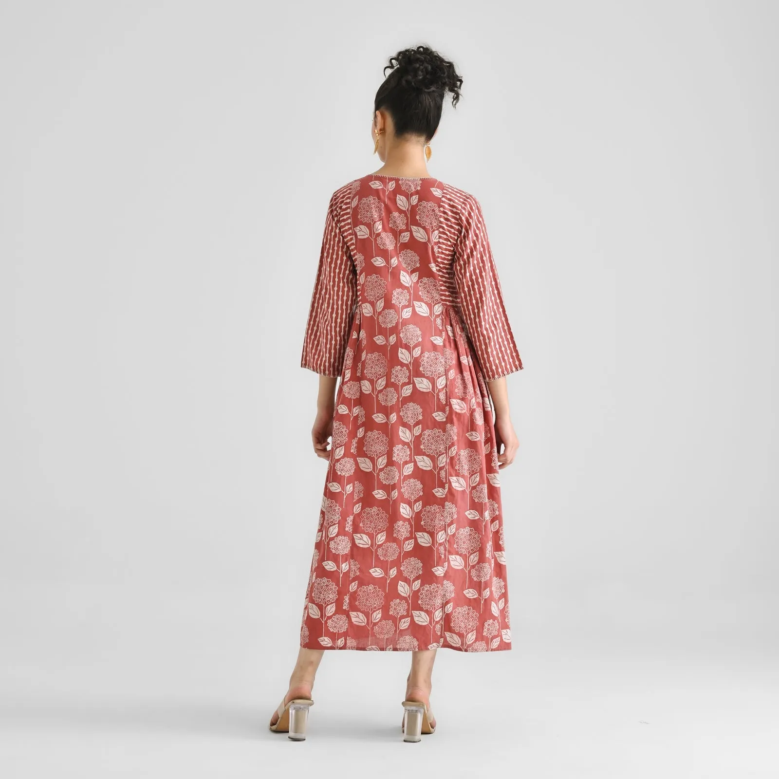 Red Cotton Floral Dabu Print Cotton Dress
