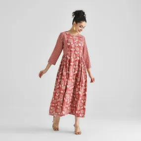 Red Cotton Floral Dabu Print Cotton Dress