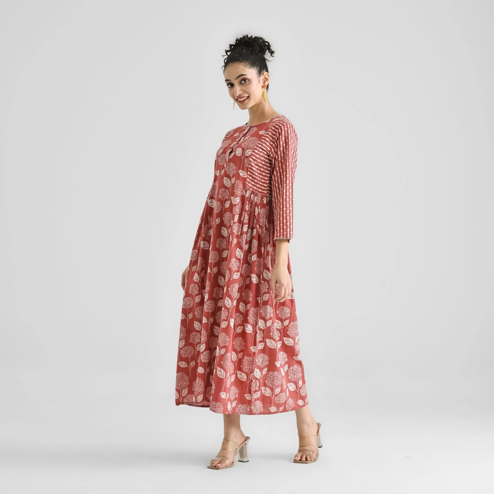 Red Cotton Floral Dabu Print Cotton Dress