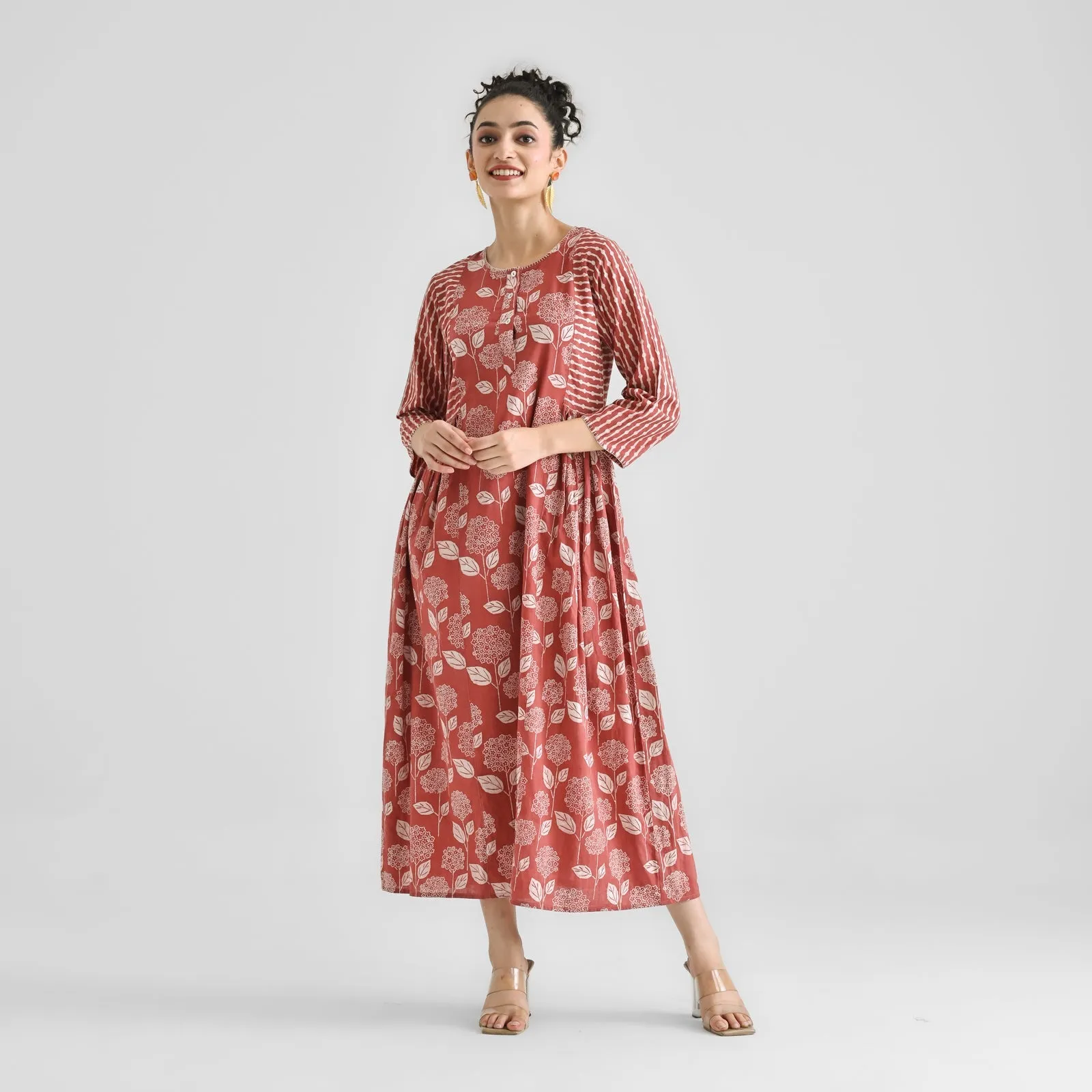Red Cotton Floral Dabu Print Cotton Dress