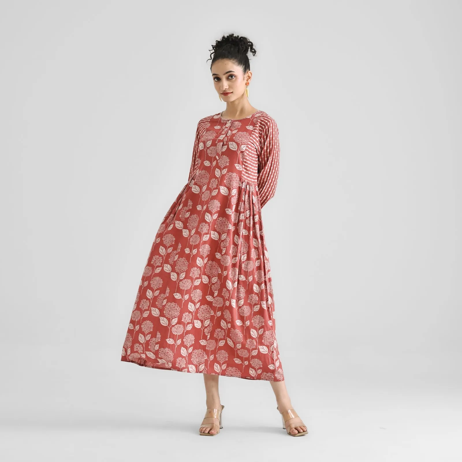 Red Cotton Floral Dabu Print Cotton Dress