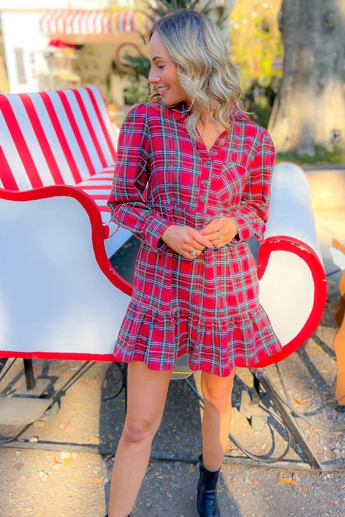 Red Plaid Tiered Mini Shirt Dress