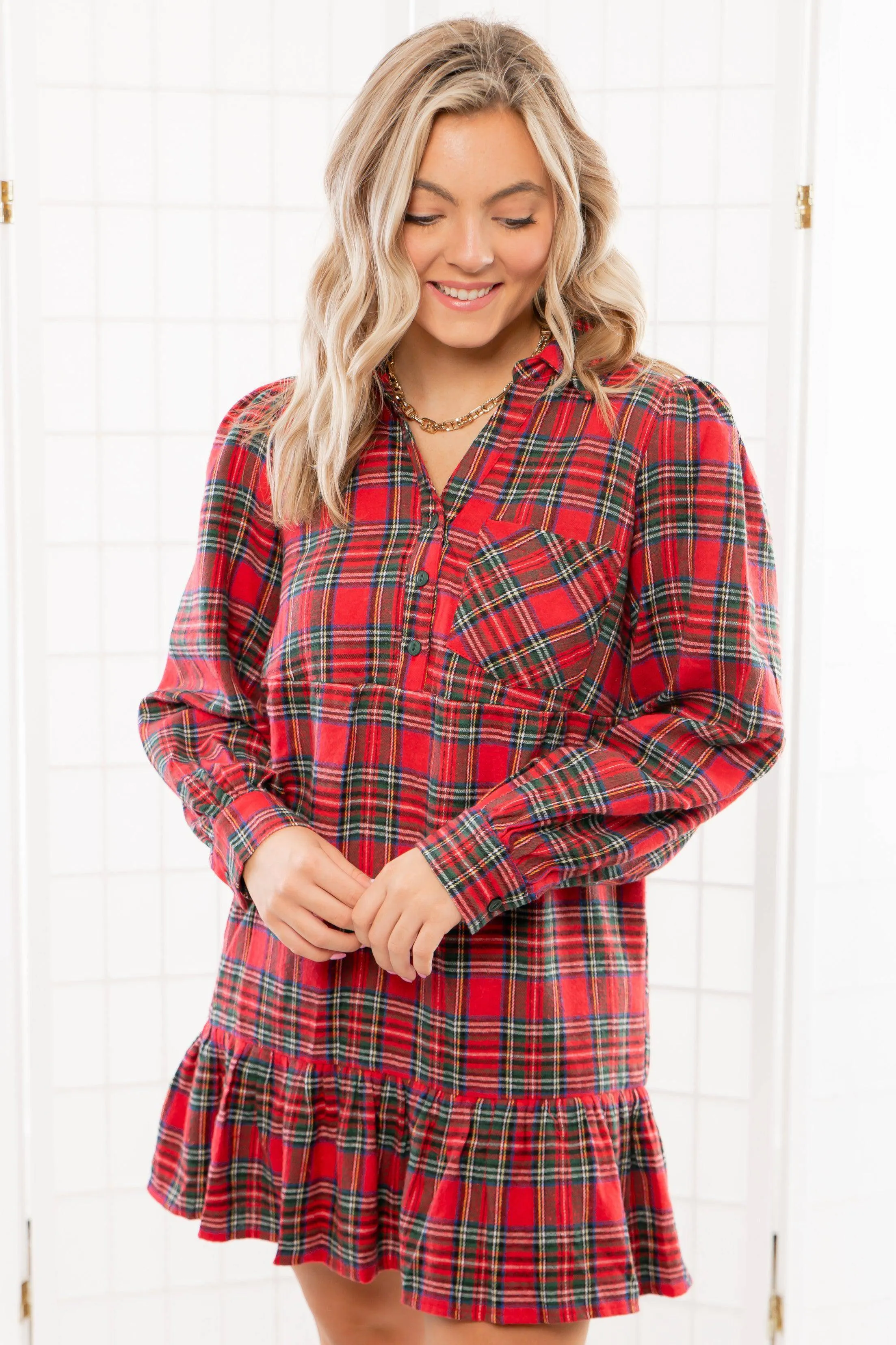 Red Plaid Tiered Mini Shirt Dress