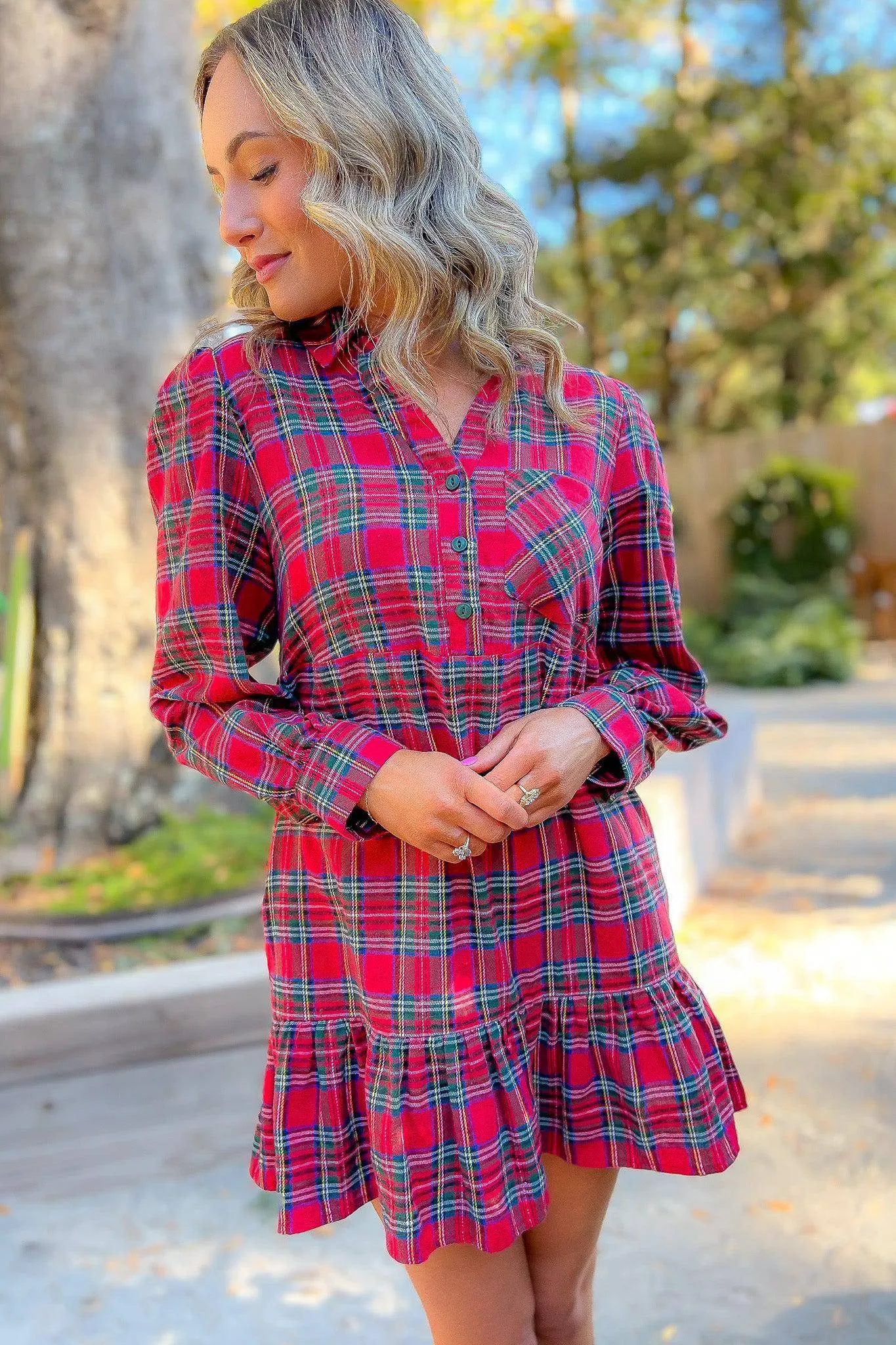 Red Plaid Tiered Mini Shirt Dress