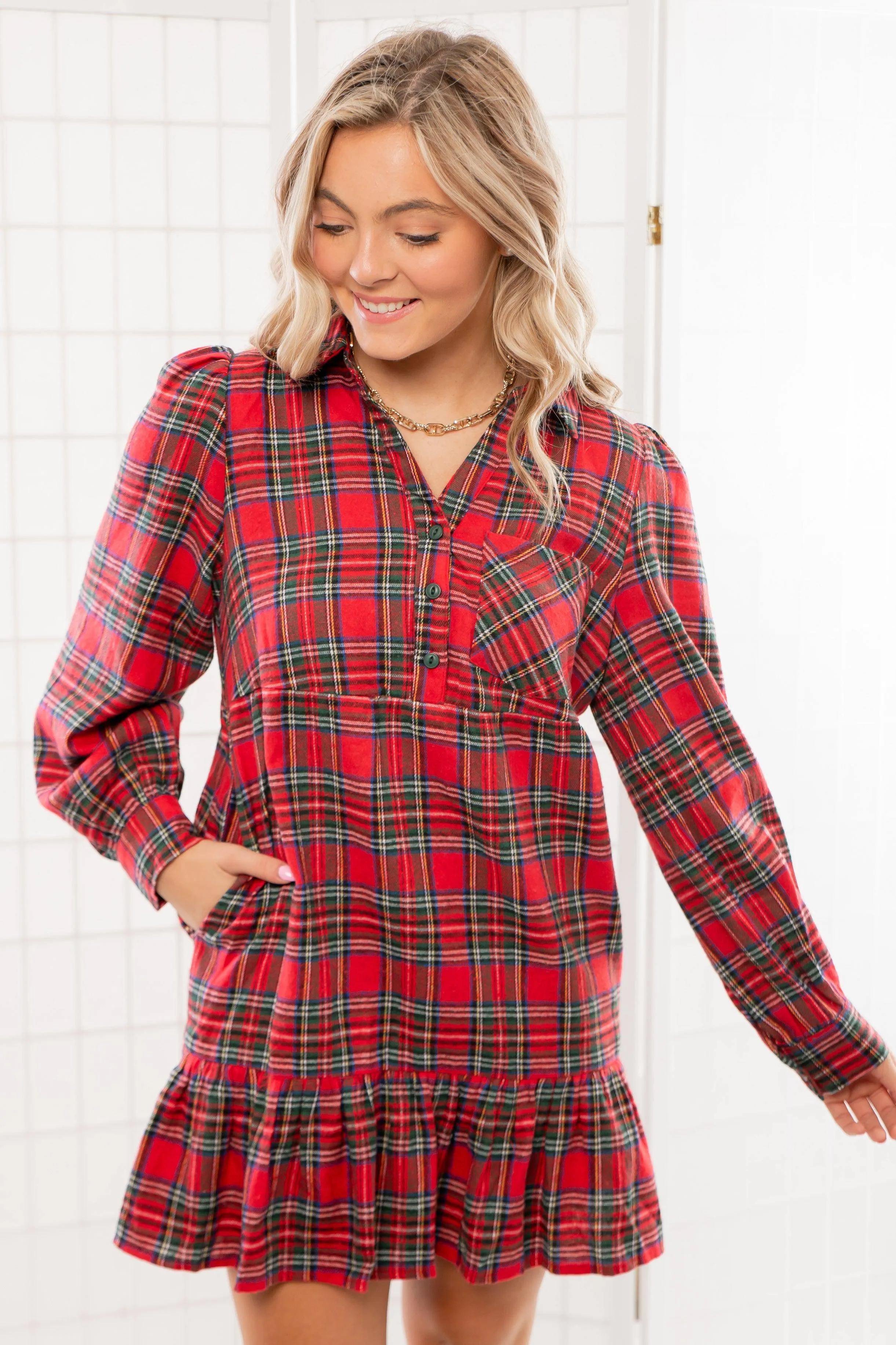 Red Plaid Tiered Mini Shirt Dress