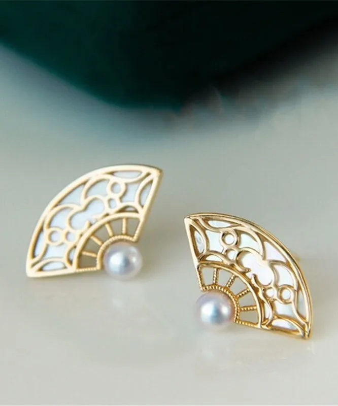 Retro Orange Copper Overgild Gold Fan-Shaped Shell Stud Earrings QI063