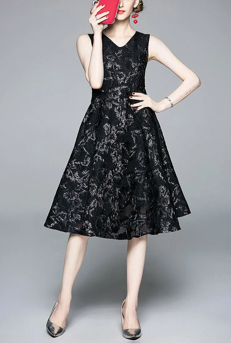 Retro V-neck Gauze Jacquard Sleeveless Dress