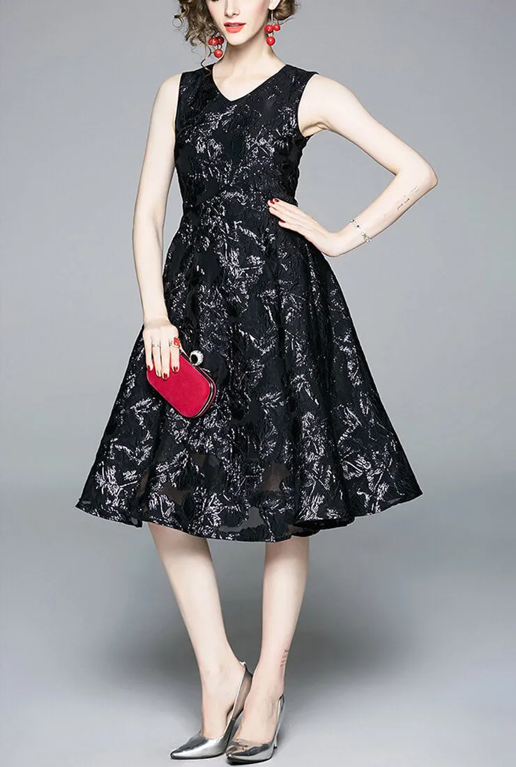 Retro V-neck Gauze Jacquard Sleeveless Dress