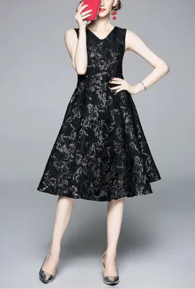 Retro V-neck Gauze Jacquard Sleeveless Dress