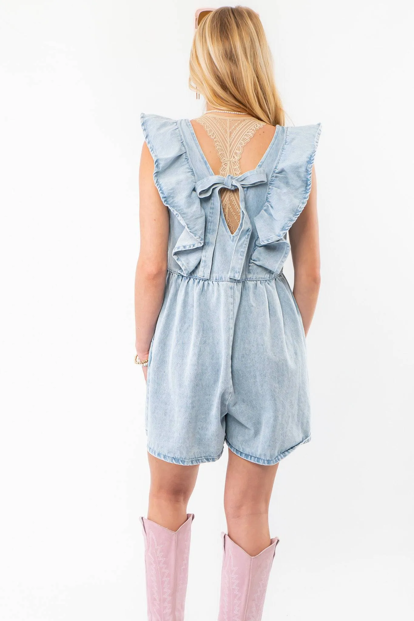 Reyna Ruffle Sleeve Light Wash Denim Romper