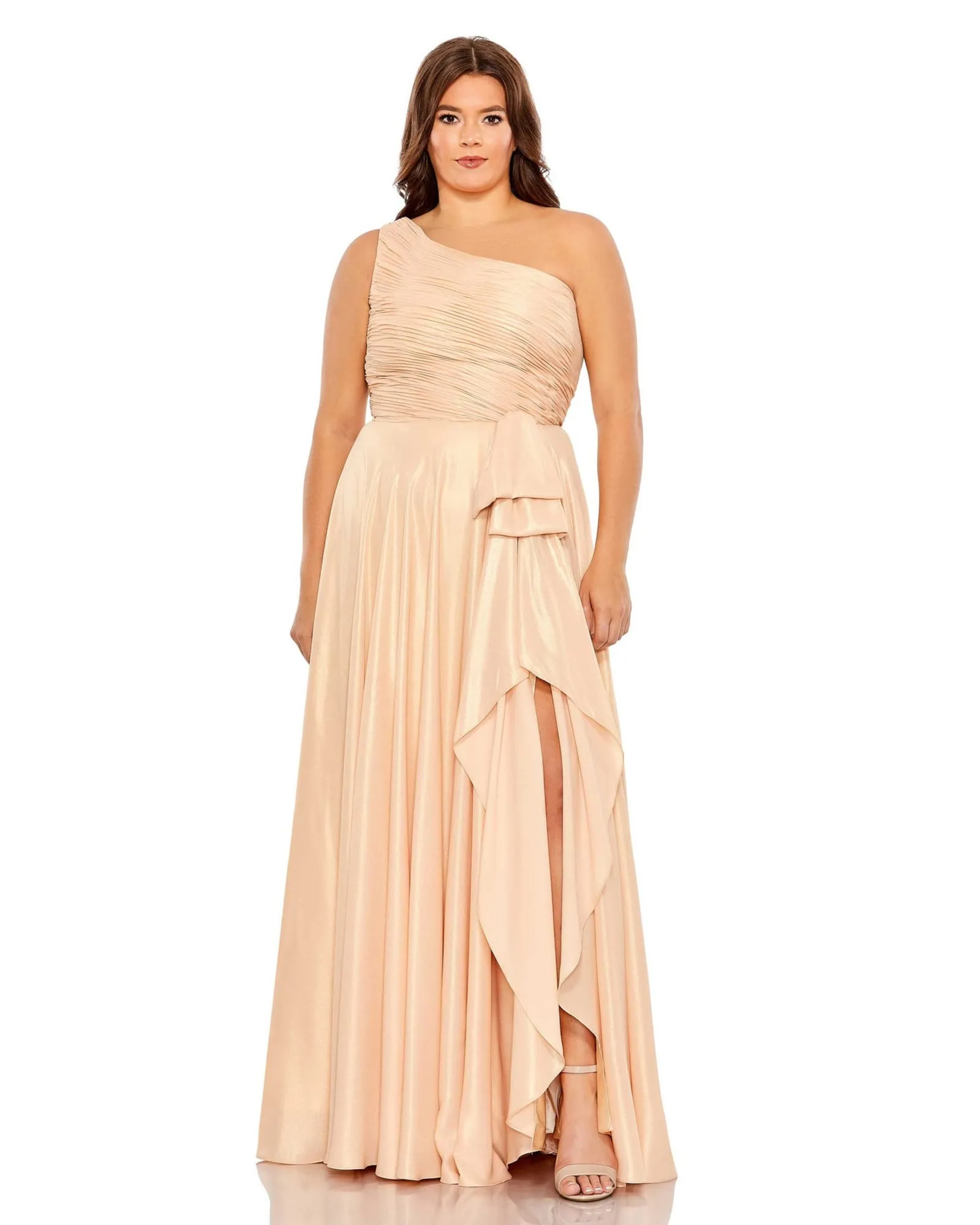 Ruched One Shoulder Soft Tie Draped A Line Gown | Gold