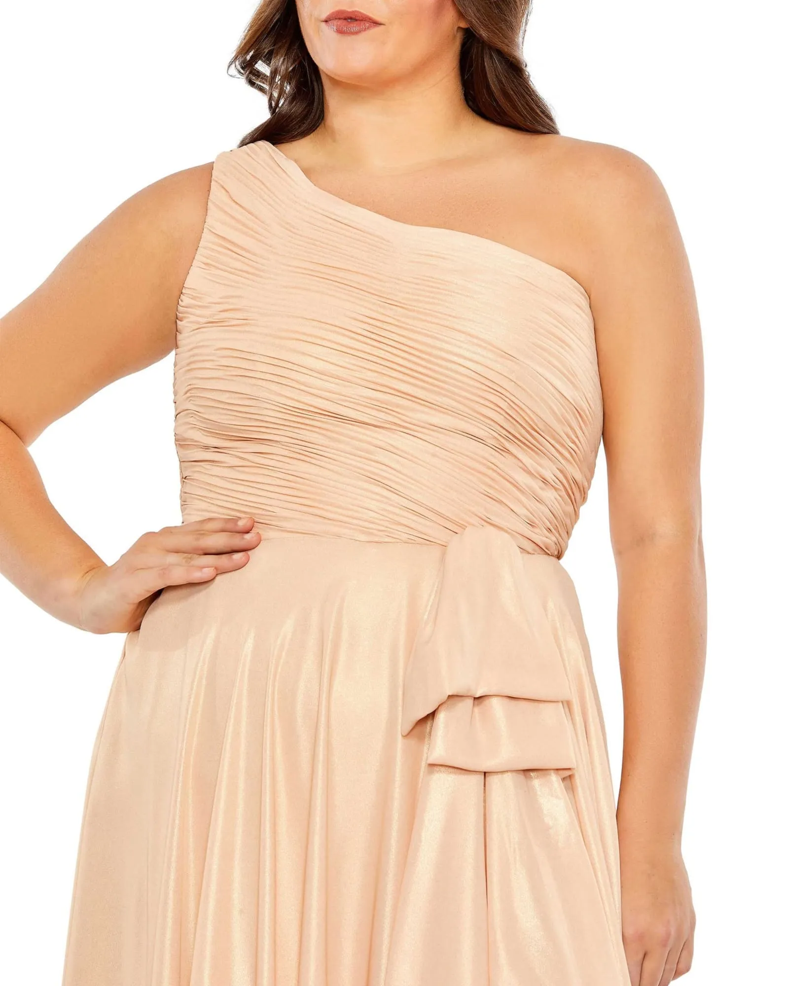 Ruched One Shoulder Soft Tie Draped A Line Gown | Gold