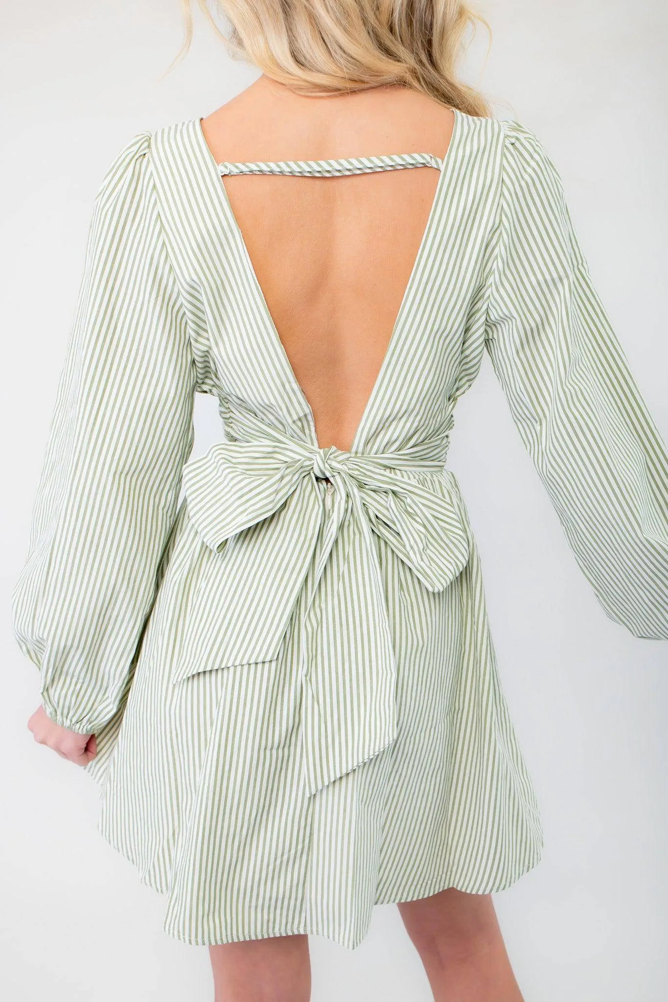 Sage Striped Open Back Mini Dress
