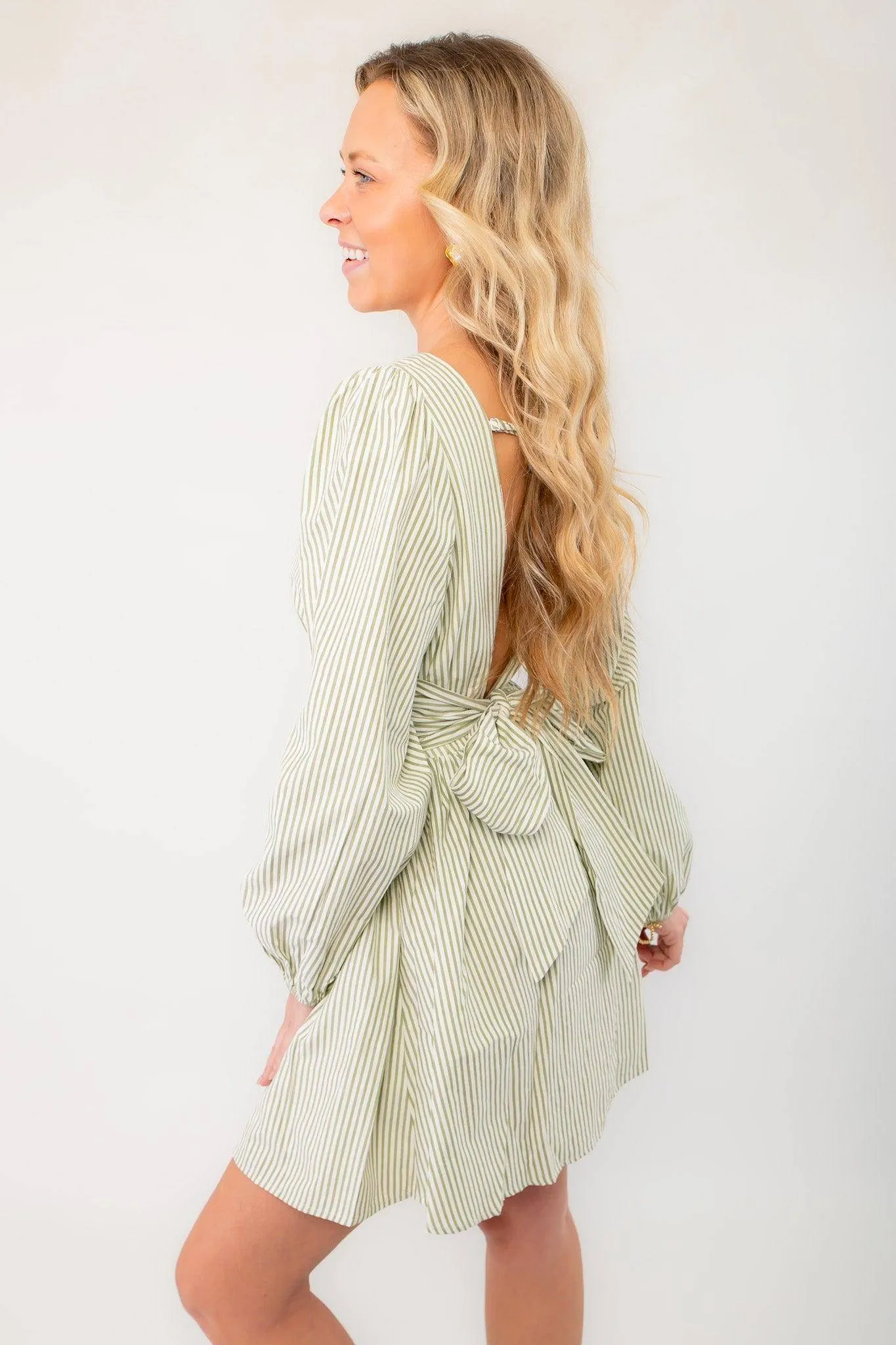 Sage Striped Open Back Mini Dress