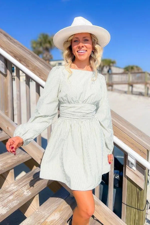 Sage Striped Open Back Mini Dress