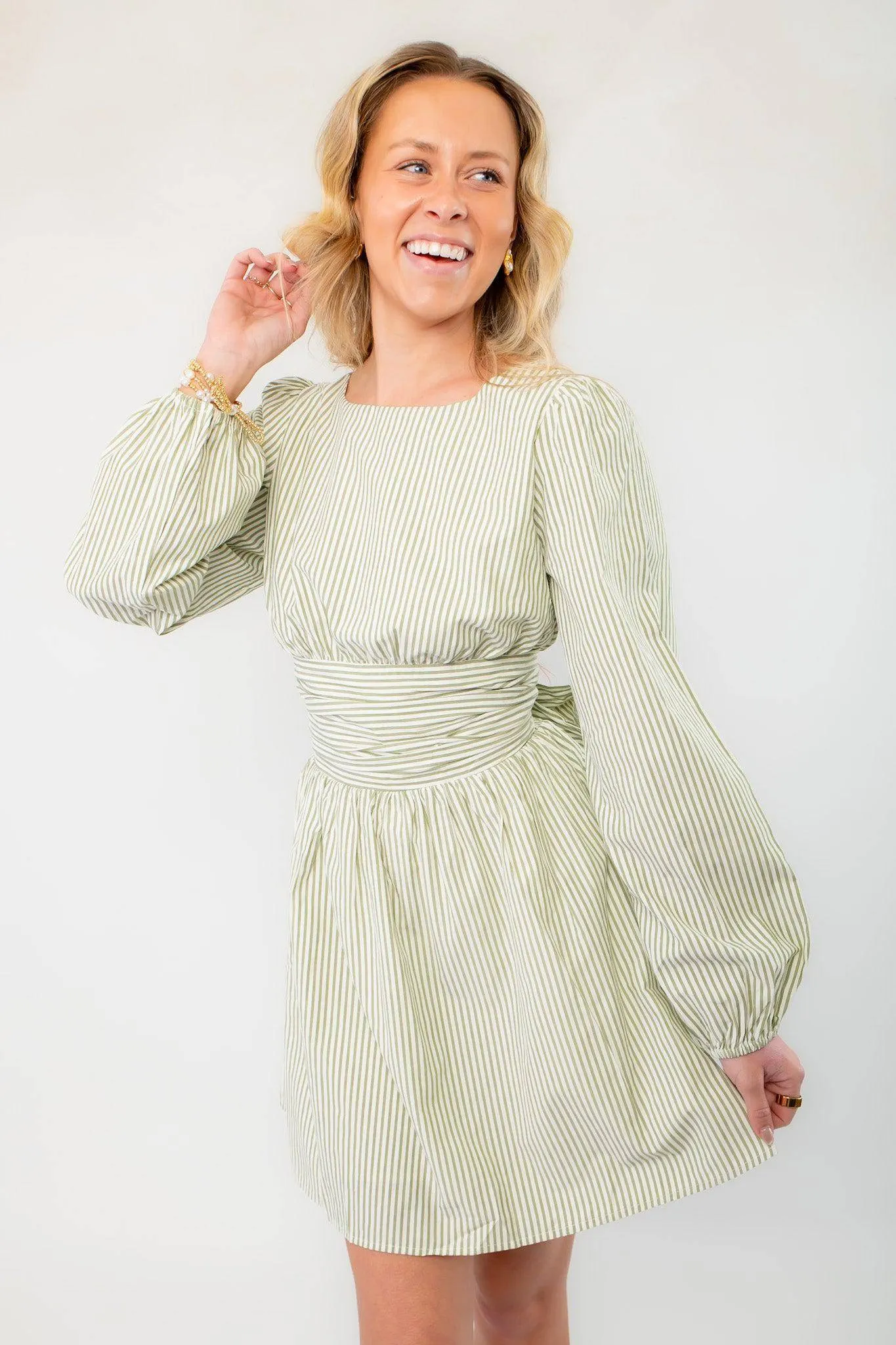 Sage Striped Open Back Mini Dress