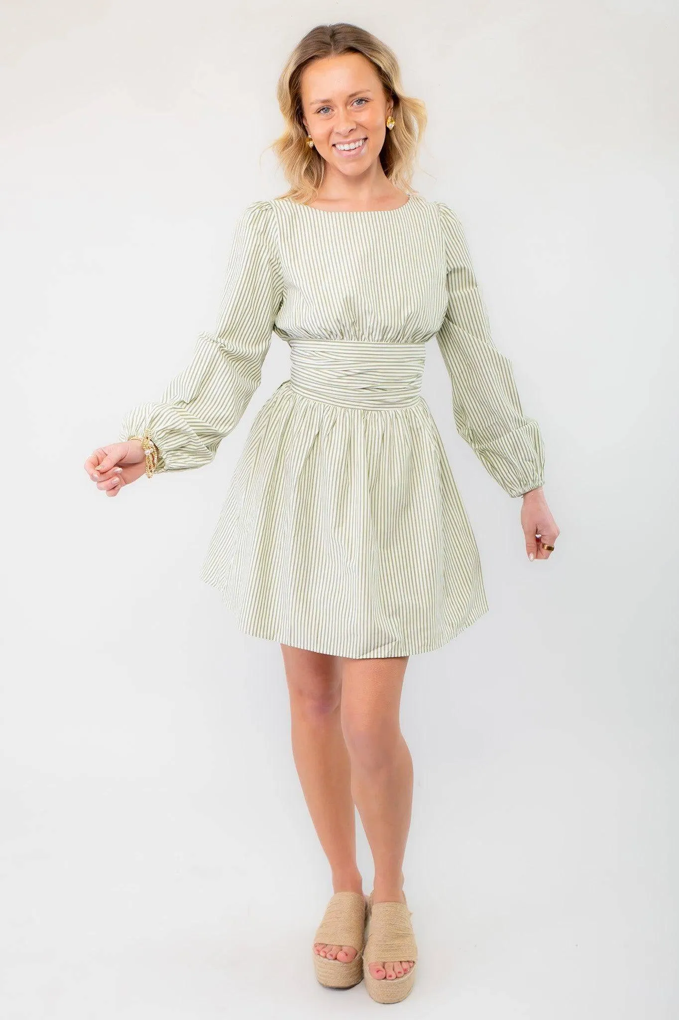 Sage Striped Open Back Mini Dress
