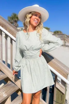 Sage Striped Open Back Mini Dress