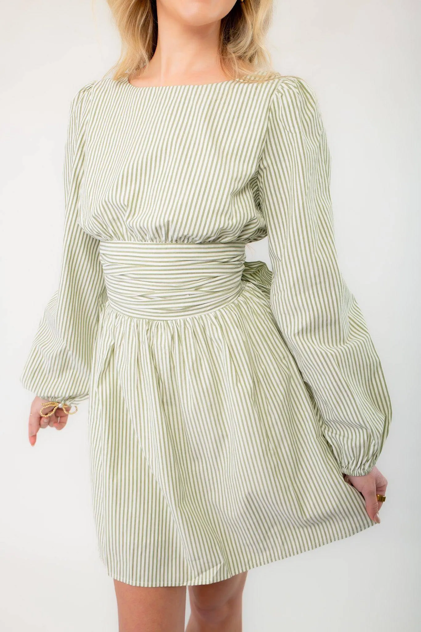 Sage Striped Open Back Mini Dress
