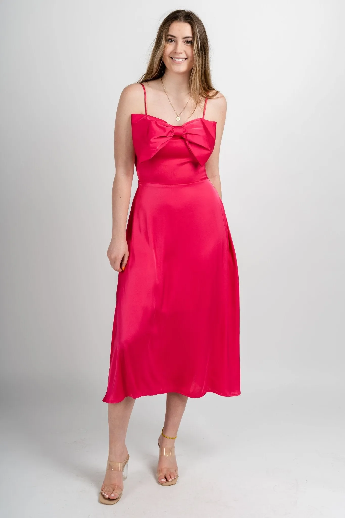 Satin bow detail dress fuchsia