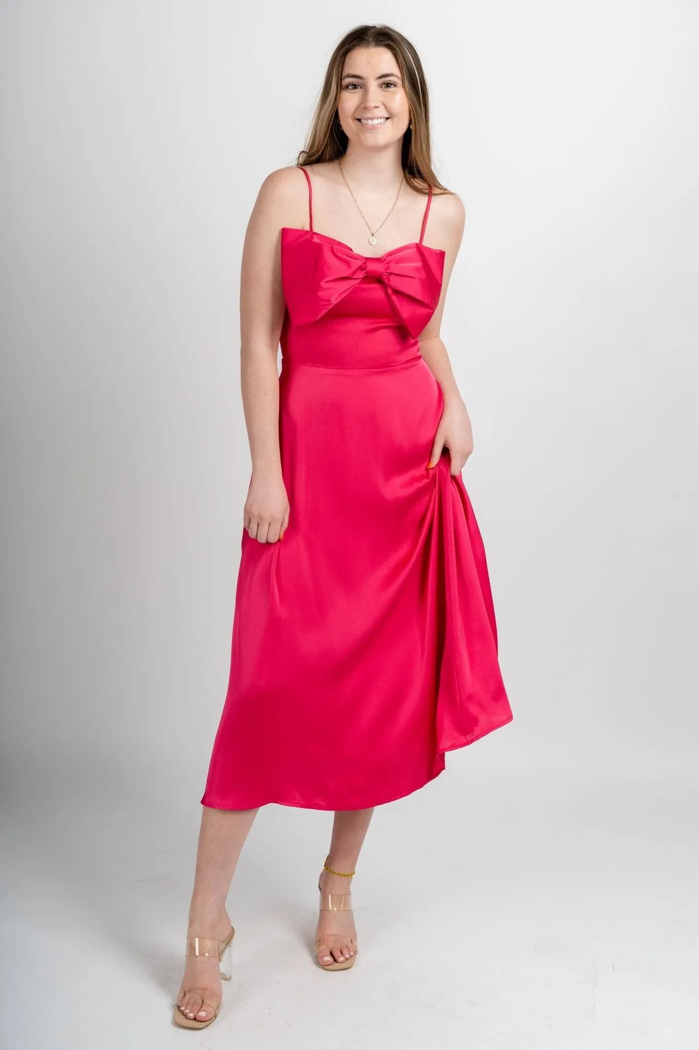Satin bow detail dress fuchsia