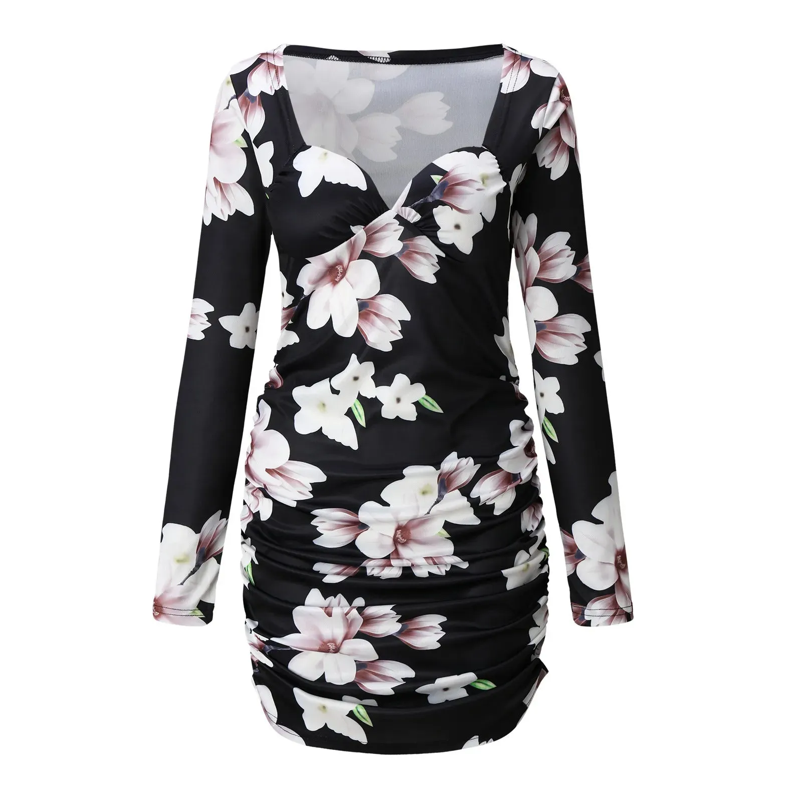Sexy Flower Print Bodycon Mini Dress - Long Sleeve Sweetheart Neck Short Party Dress for Women, Spring & Autumn
