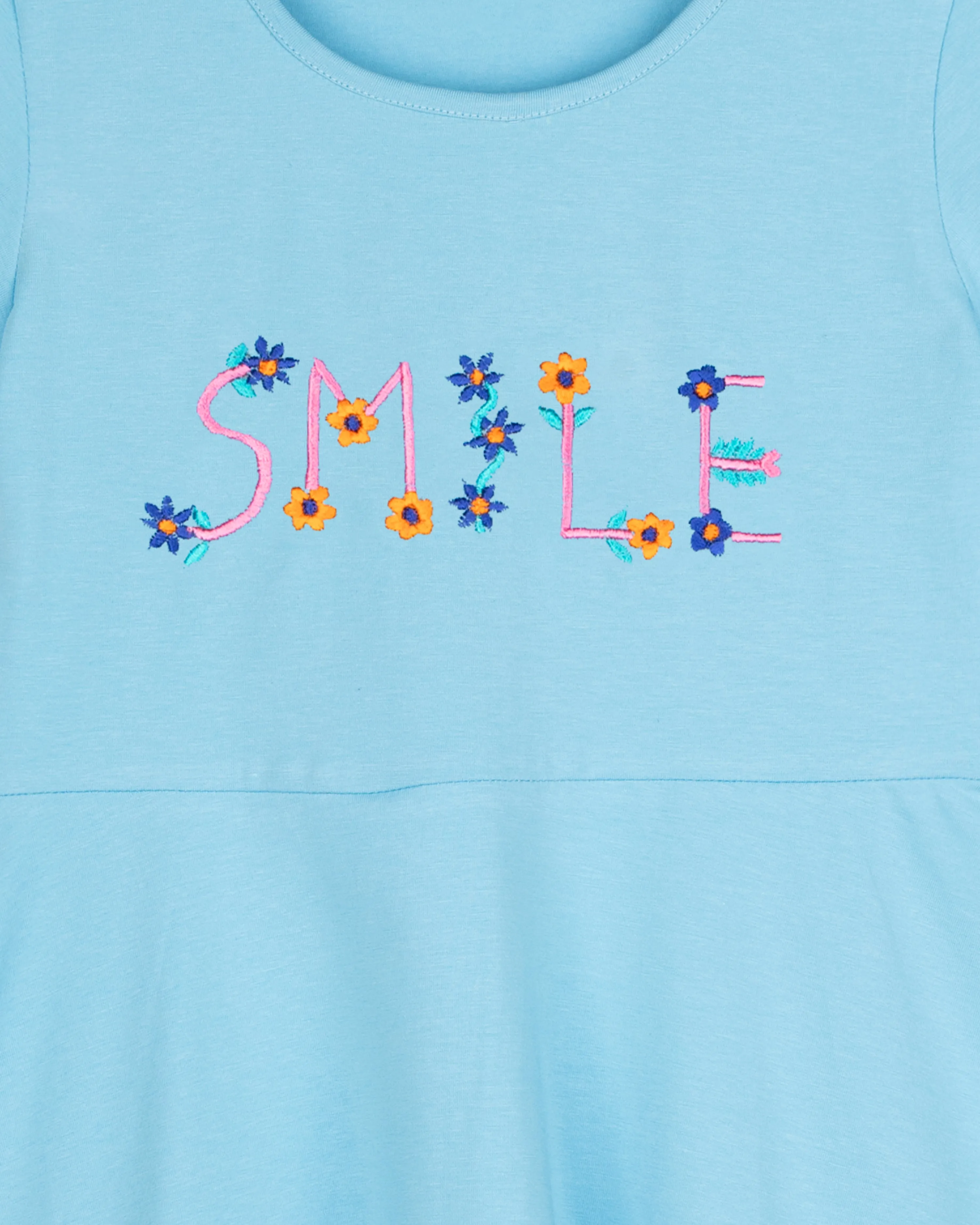 Sky Blue Half Sleeve Smile Embroidered Cotton Girls Dress