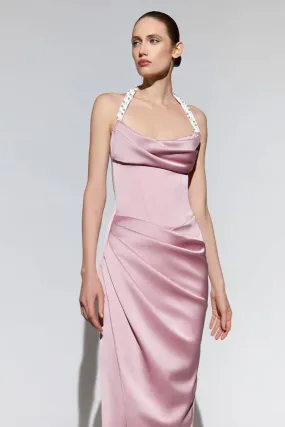 Solid Halter Neck Satin Dress