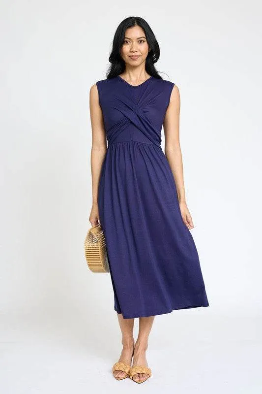 Stylish Sleeveless Cross-Over Bodice V-Neck Midi Dress by EG Fashion