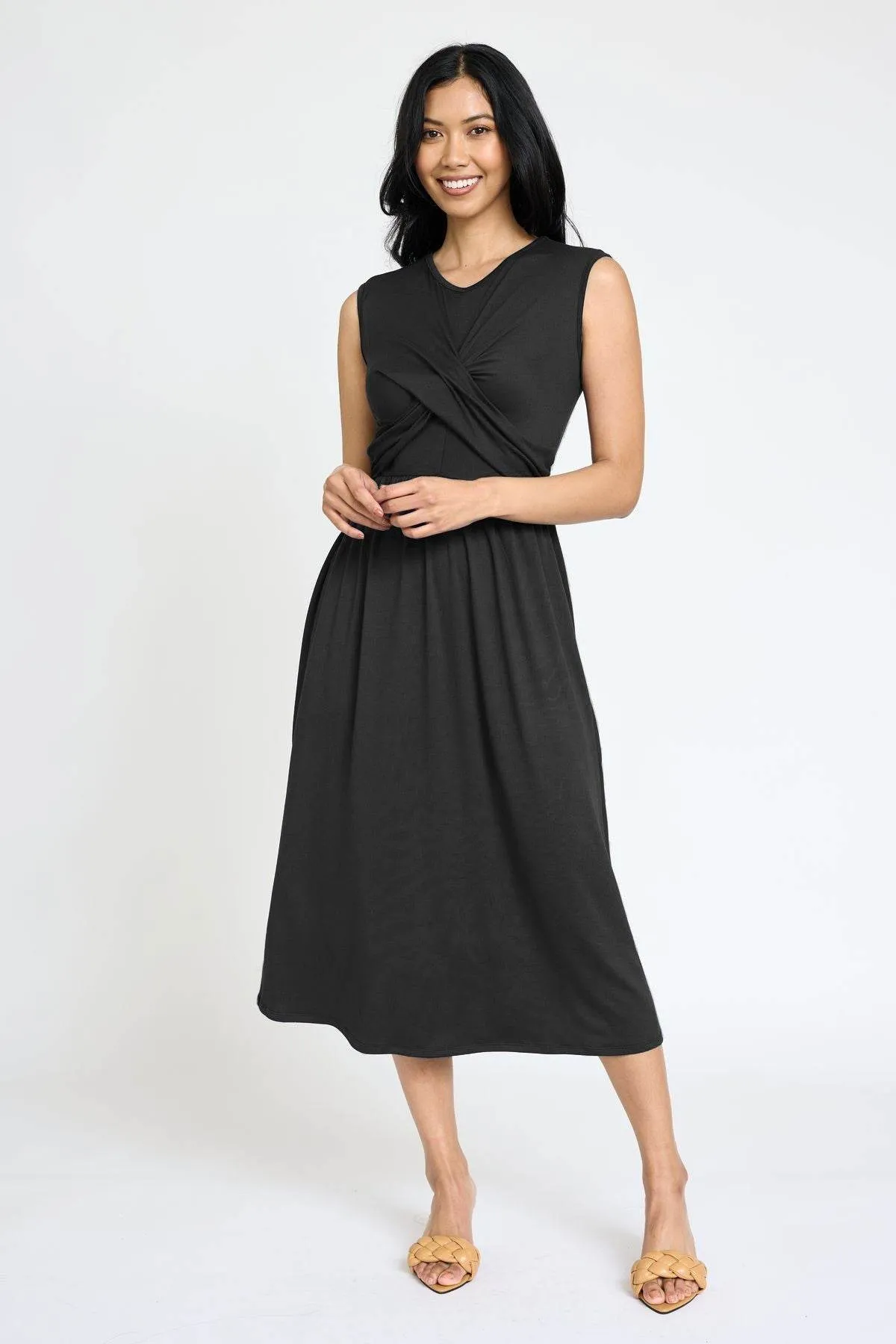 Stylish Sleeveless Cross-Over Bodice V-Neck Midi Dress by EG Fashion