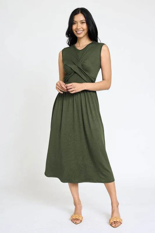 Stylish Sleeveless Cross-Over Bodice V-Neck Midi Dress by EG Fashion