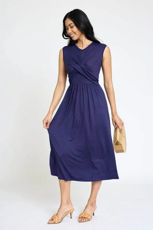 Stylish Sleeveless Cross-Over Bodice V-Neck Midi Dress by EG Fashion