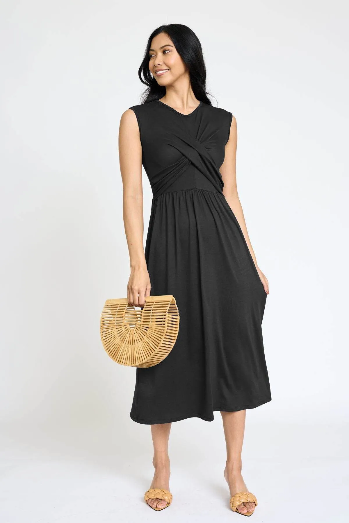 Stylish Sleeveless Cross-Over Bodice V-Neck Midi Dress by EG Fashion