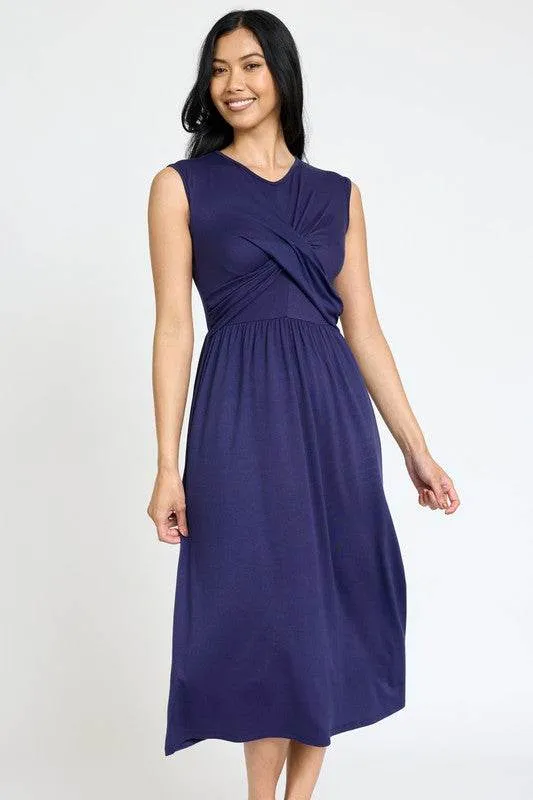Stylish Sleeveless Cross-Over Bodice V-Neck Midi Dress by EG Fashion