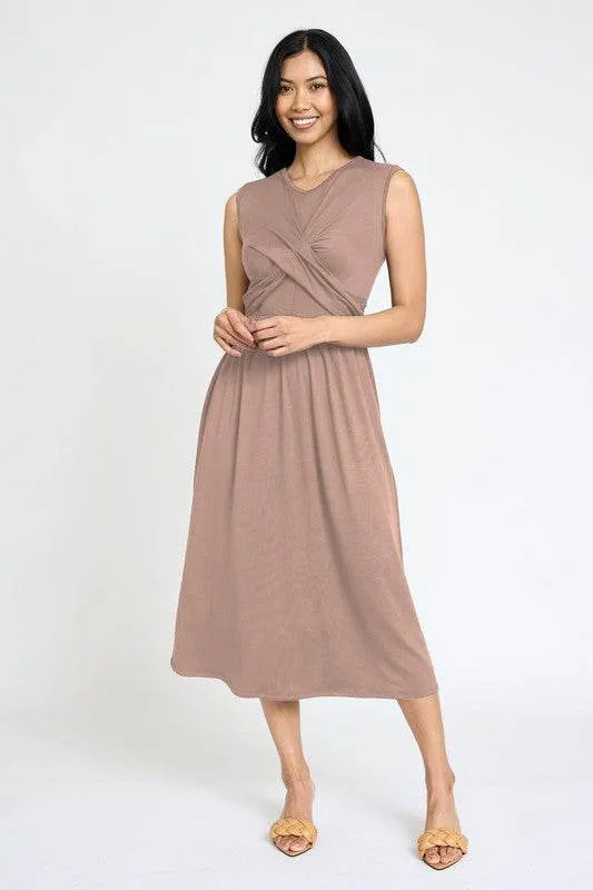 Stylish Sleeveless Cross-Over Bodice V-Neck Midi Dress by EG Fashion