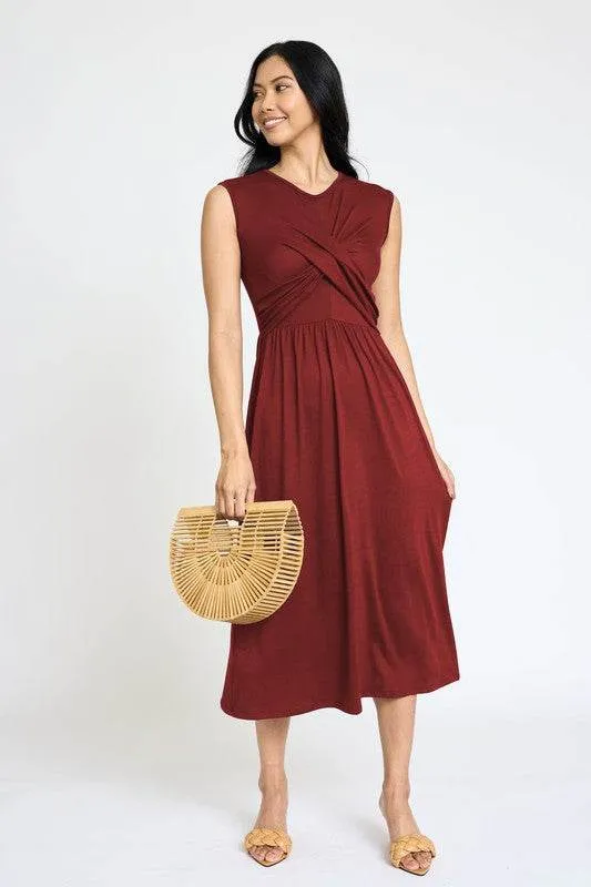 Stylish Sleeveless Cross-Over Bodice V-Neck Midi Dress by EG Fashion