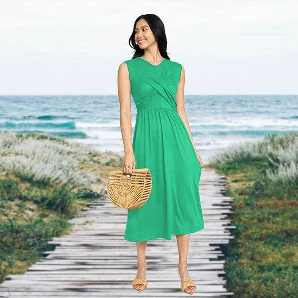 Stylish Sleeveless Cross-Over Bodice V-Neck Midi Dress by EG Fashion