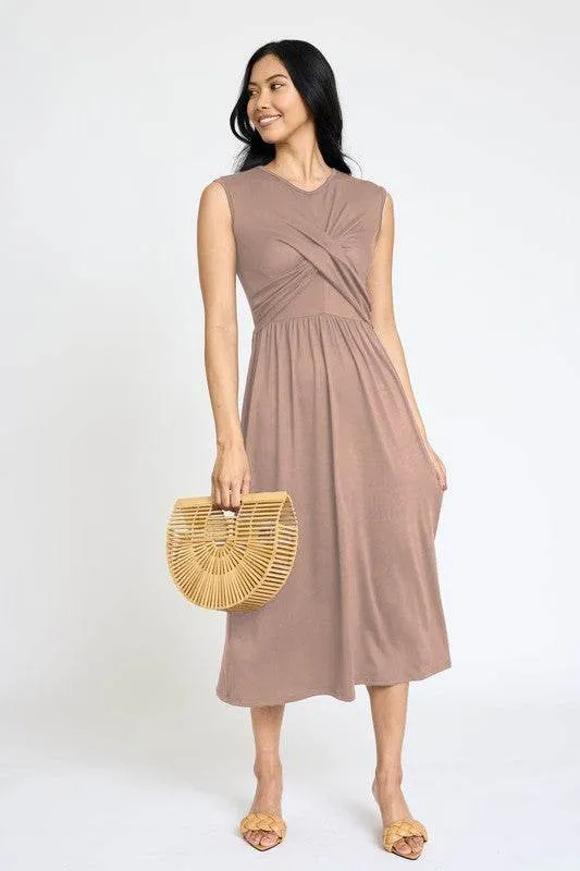 Stylish Sleeveless Cross-Over Bodice V-Neck Midi Dress by EG Fashion