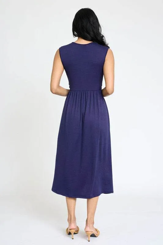 Stylish Sleeveless Cross-Over Bodice V-Neck Midi Dress by EG Fashion