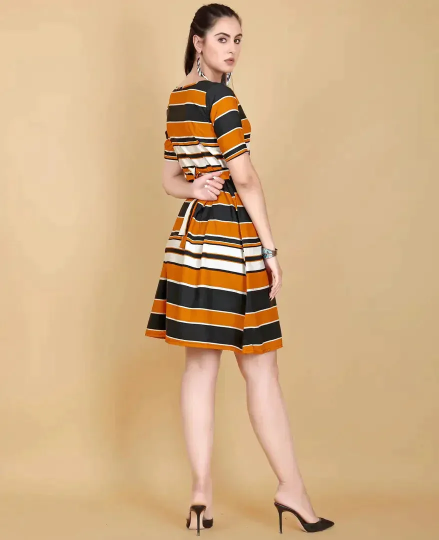 Stylish Yellow Crepe Printed Fit And Flare Dress For Women