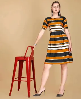 Stylish Yellow Crepe Printed Fit And Flare Dress For Women