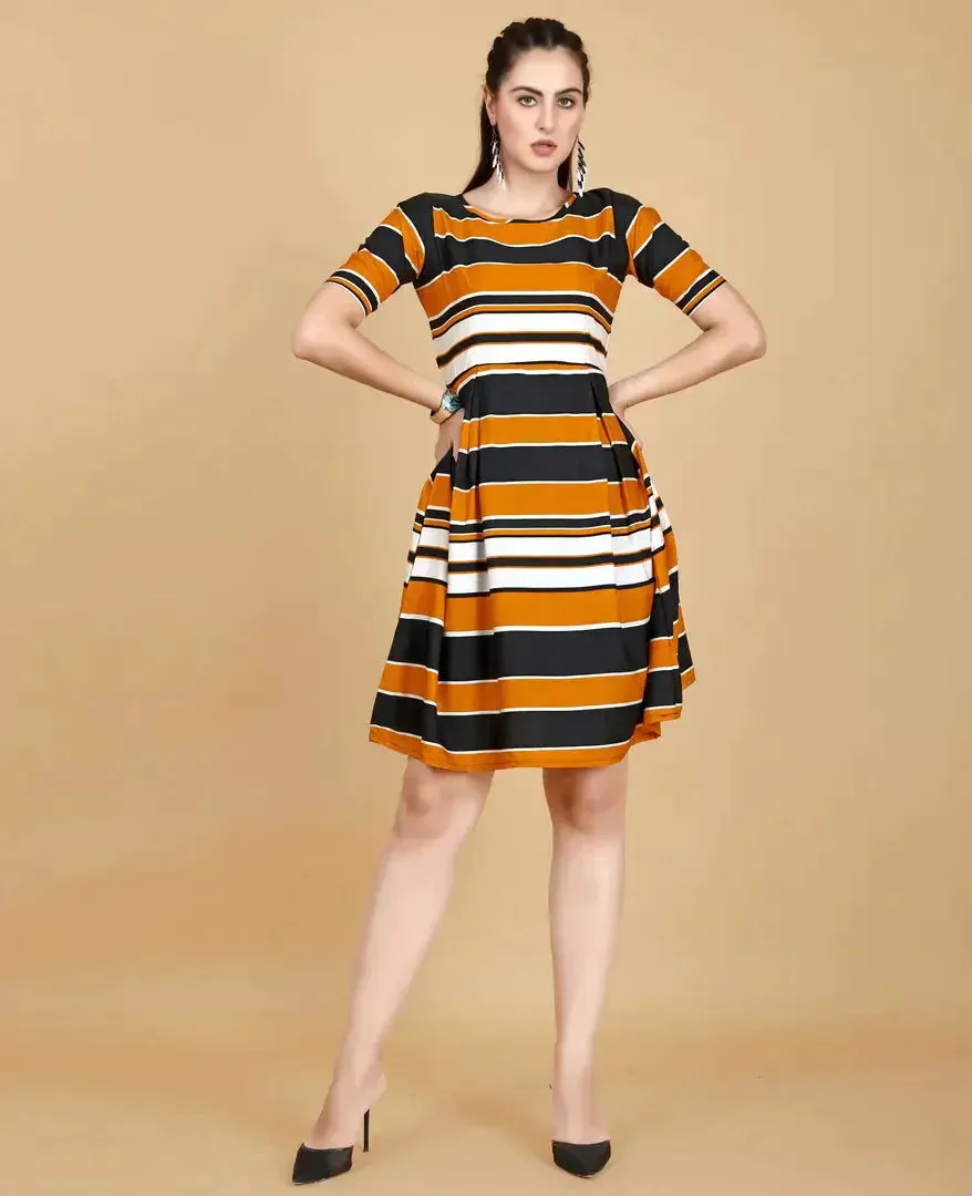 Stylish Yellow Crepe Printed Fit And Flare Dress For Women