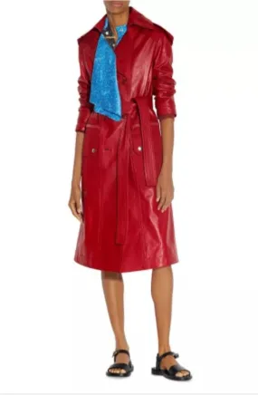 Sussy Red Leather Long Trench Coat Women Outfit with Belt