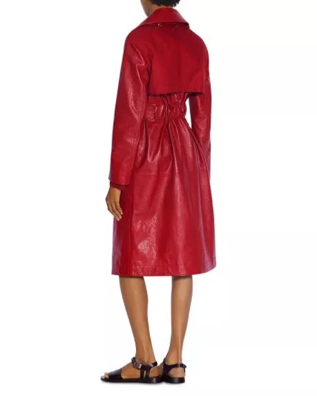 Sussy Red Leather Long Trench Coat Women Outfit with Belt