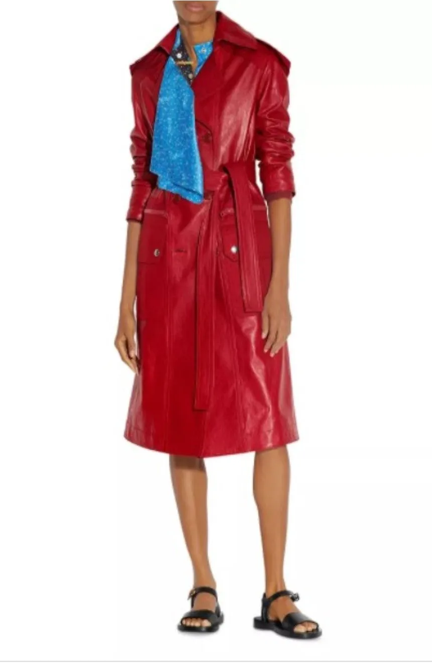 Sussy Red Leather Long Trench Coat Women Outfit with Belt
