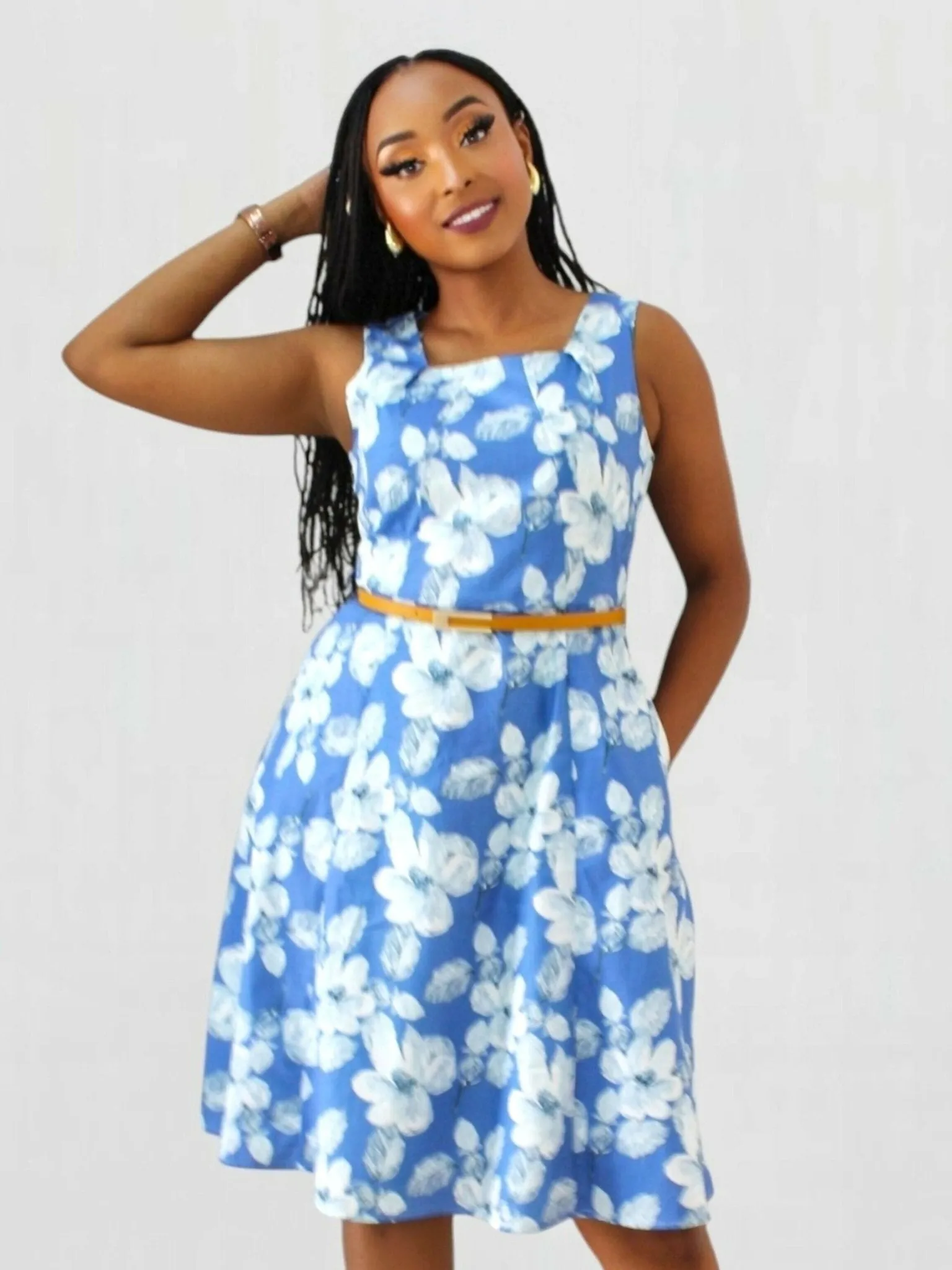 The Fashion Frenzy Belted Floral Skater Dress - Blue / White