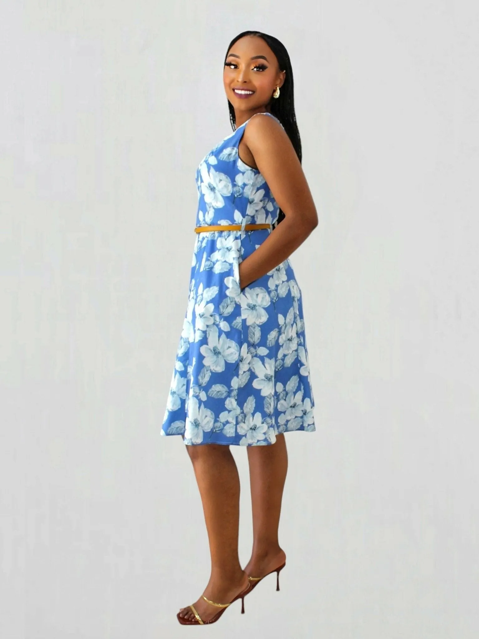 The Fashion Frenzy Belted Floral Skater Dress - Blue / White