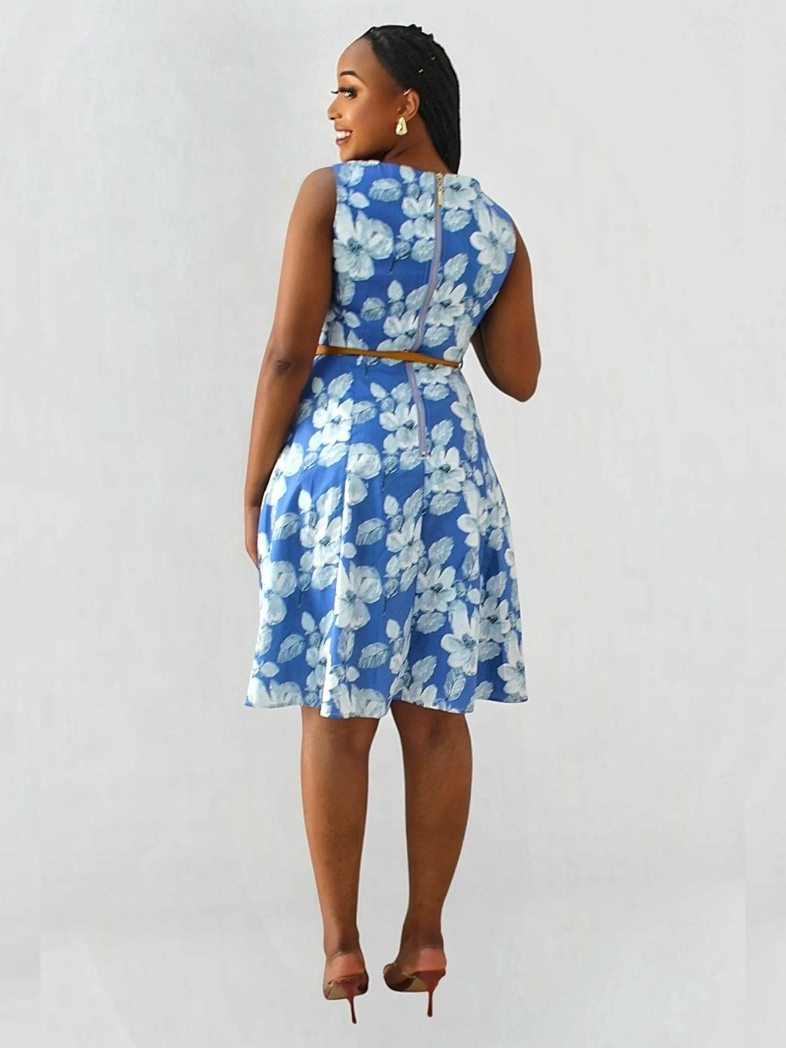The Fashion Frenzy Belted Floral Skater Dress - Blue / White