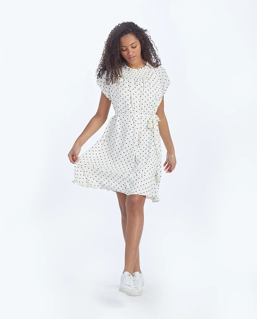 The Silky Flutter Sleeve Dress - White Sand Dot