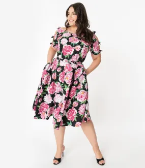 Unique Vintage Plus Size 1950s Black & Pink Floral Bow Sleeve Selma Swing Dress